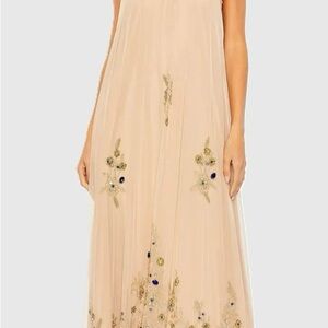 Mac Duggal Beige Floral Embellished Trapeze Gown Size 12 High Neck Formal Dress